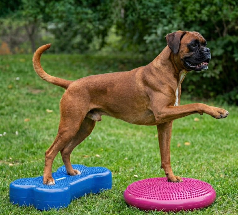 Hund auf Balancekissen Hund steht mit den Pfoten auf 2 großen Balancekissen